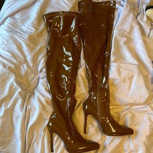 Brown thigh high latex boots